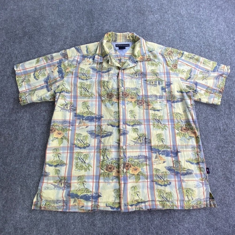 VTG Y2K Tommy Hilfiger Hawaiian Shirt L Yellow Scenic Island Print Coastal Retro